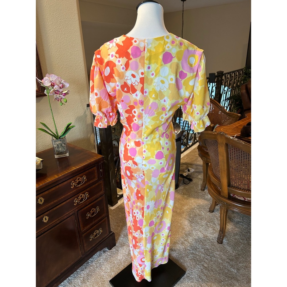 RIXO Ariel Floral Midi Dress Pink Orange Yellow Size S Mod Retro Flower Power - Picture 6 of 12
